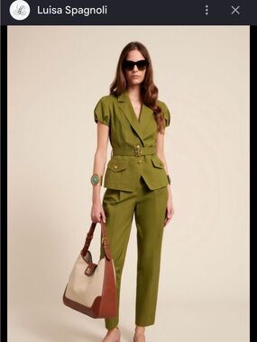 Luisa Spagnoli Olive Green Short-Sleeve Belted Pantsuit